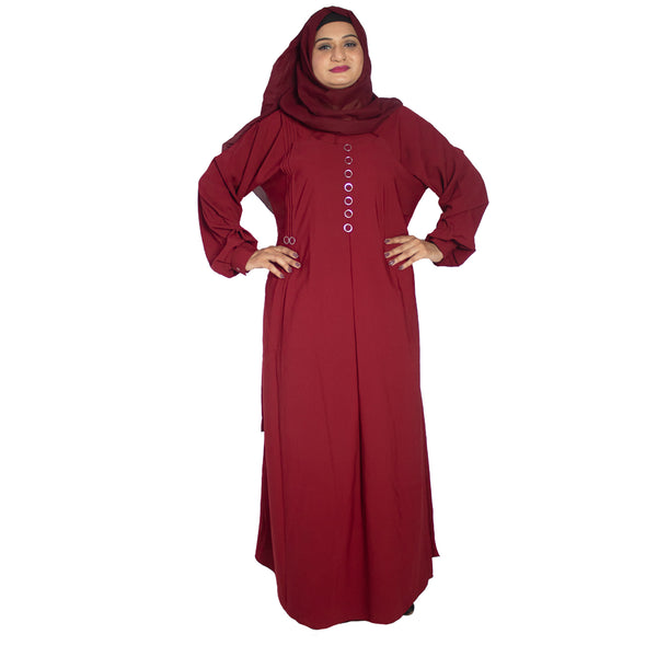 Beautiful Self Design Maroon Pintex Button Crepe Abaya With Hijab_0983