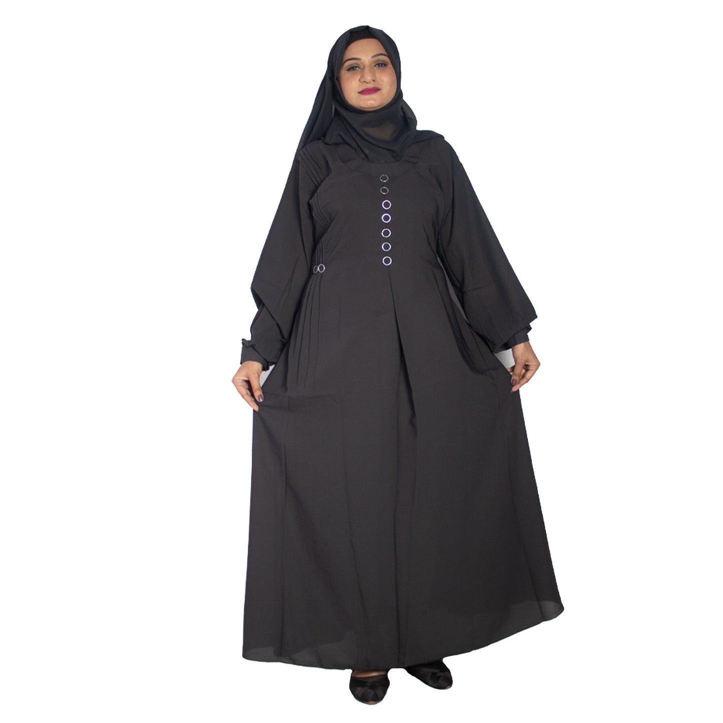 Beautiful Self Design Grey Pintex Button Crepe Abaya With Hijab_0984