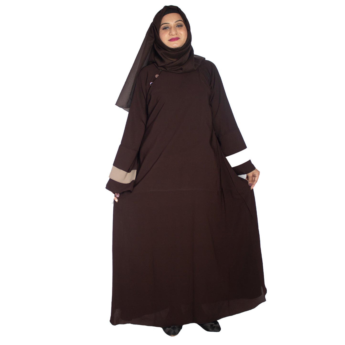 Beautiful Self Design Brown Frill Side Button Crepe Abaya With Hijab_0986