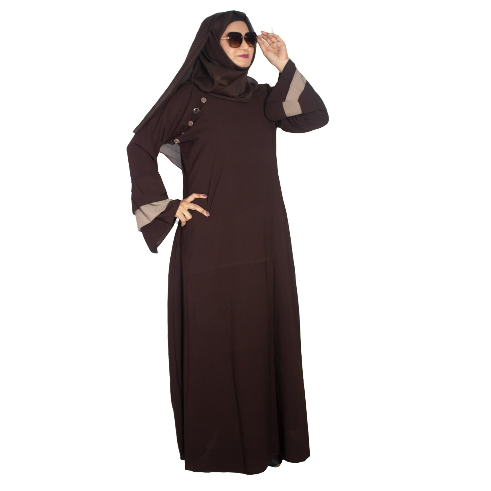 Beautiful Self Design Brown Frill Side Button Crepe Abaya With Hijab_0986