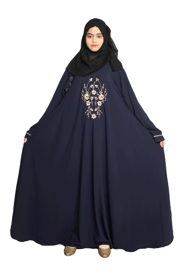 Modest City Beautiful Self Design Side Button / Chain Embroidery Crepe Fabric Blue Abaya or Burqa With Hijab for Women & Girls Series Laiba