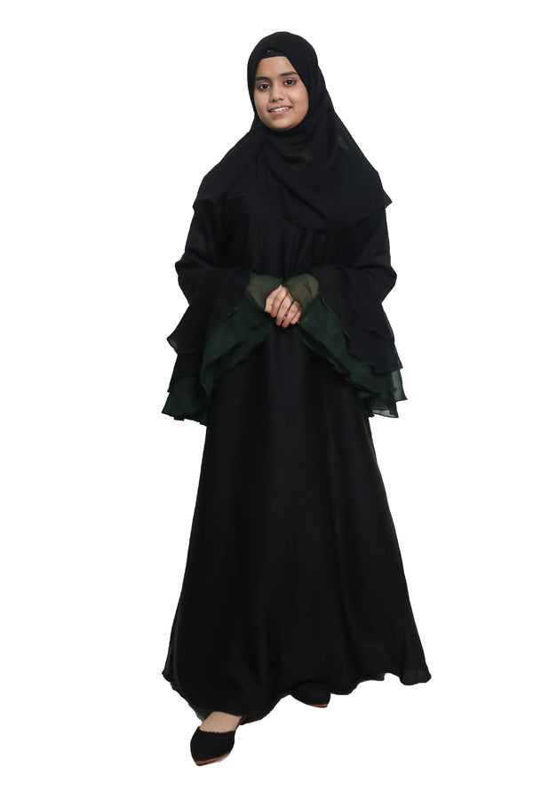 Modest City  Self Design Plain Black With Frill Nida Abaya or Burqa with Hijab for Women & Girls-Series Laiba