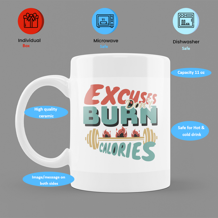 Modest City Beautiful Gym Design Printed White Ceramic Coffee Mug (EXCUSES DON'T BURN CALORIES)