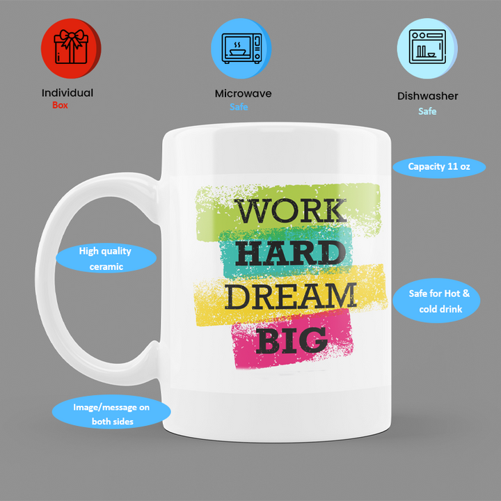 Modest City Beautiful Motivational Design Printed White Ceramic Coffee Mug (Work Hard Dream Big)