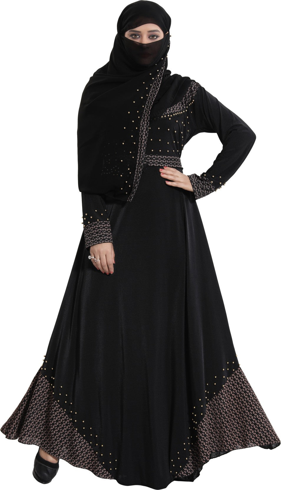 Beautiful Self Design Black Daman Moti Lycra Abaya With Hijab_0302