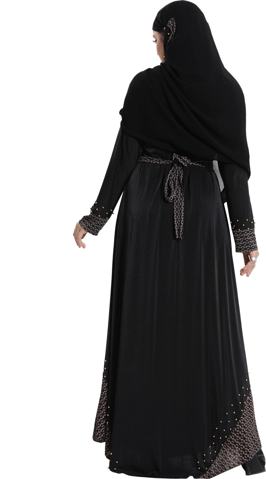 Beautiful Self Design Black Daman Moti Lycra Abaya With Hijab_0302