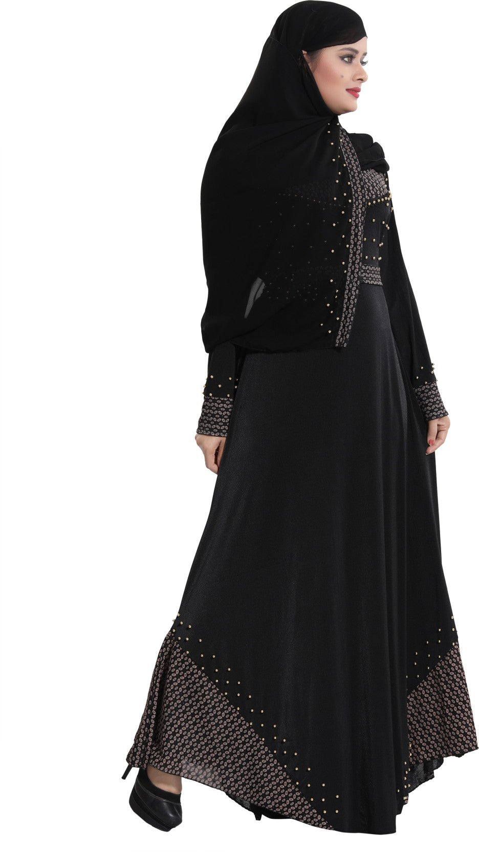 Beautiful Self Design Black Daman Moti Lycra Abaya With Hijab