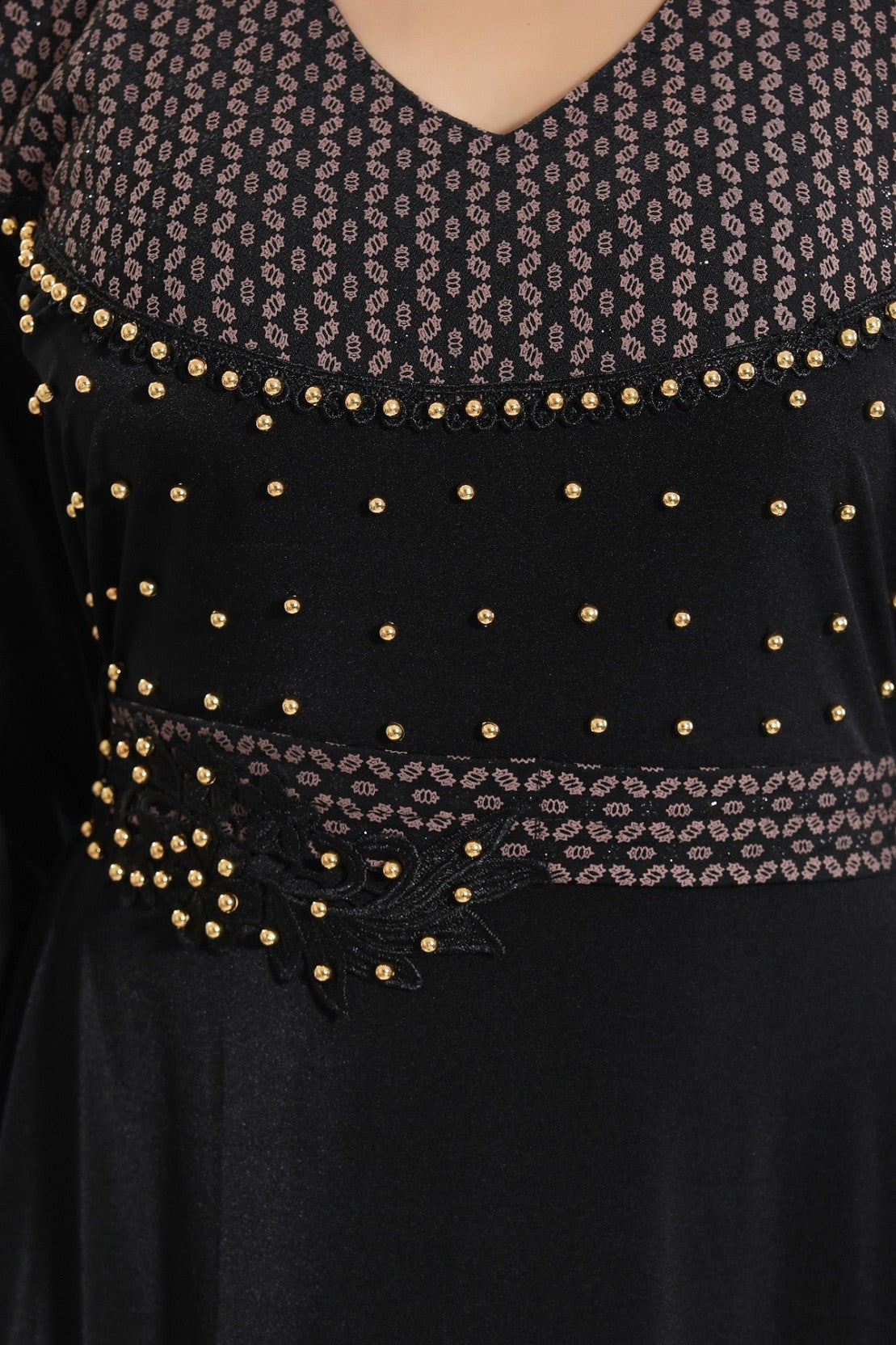Beautiful Self Design Black Daman Moti Lycra Abaya With Hijab