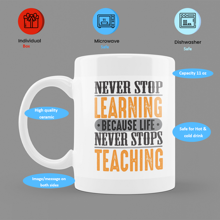 Modest City Beautiful Motivational Design Printed White Ceramic Coffee Mug (Never Stop Learning Because Life Never Stops Teaching)