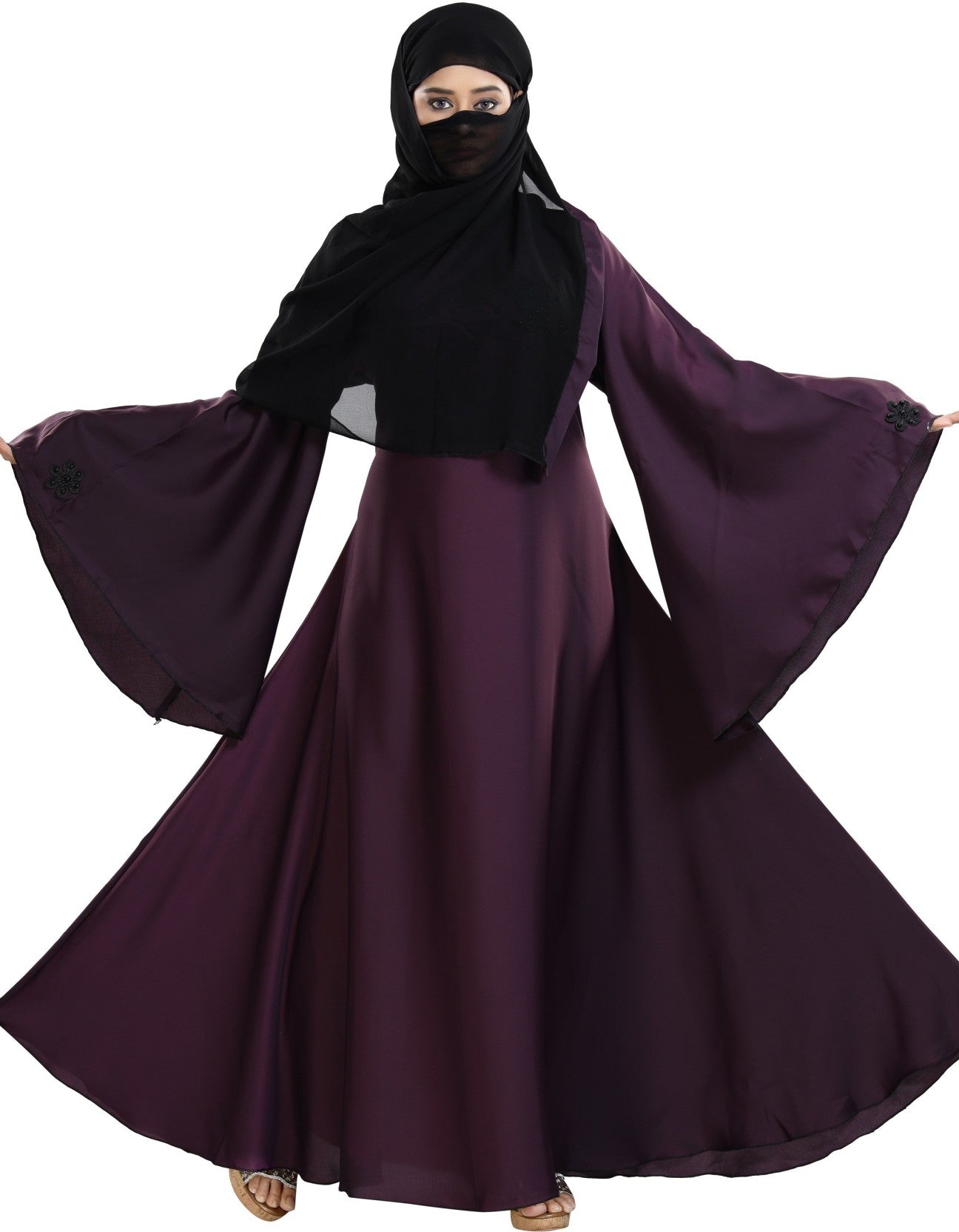 Beautiful Self Design Purple Nida Art Silk Abaya With Hijab_0313
