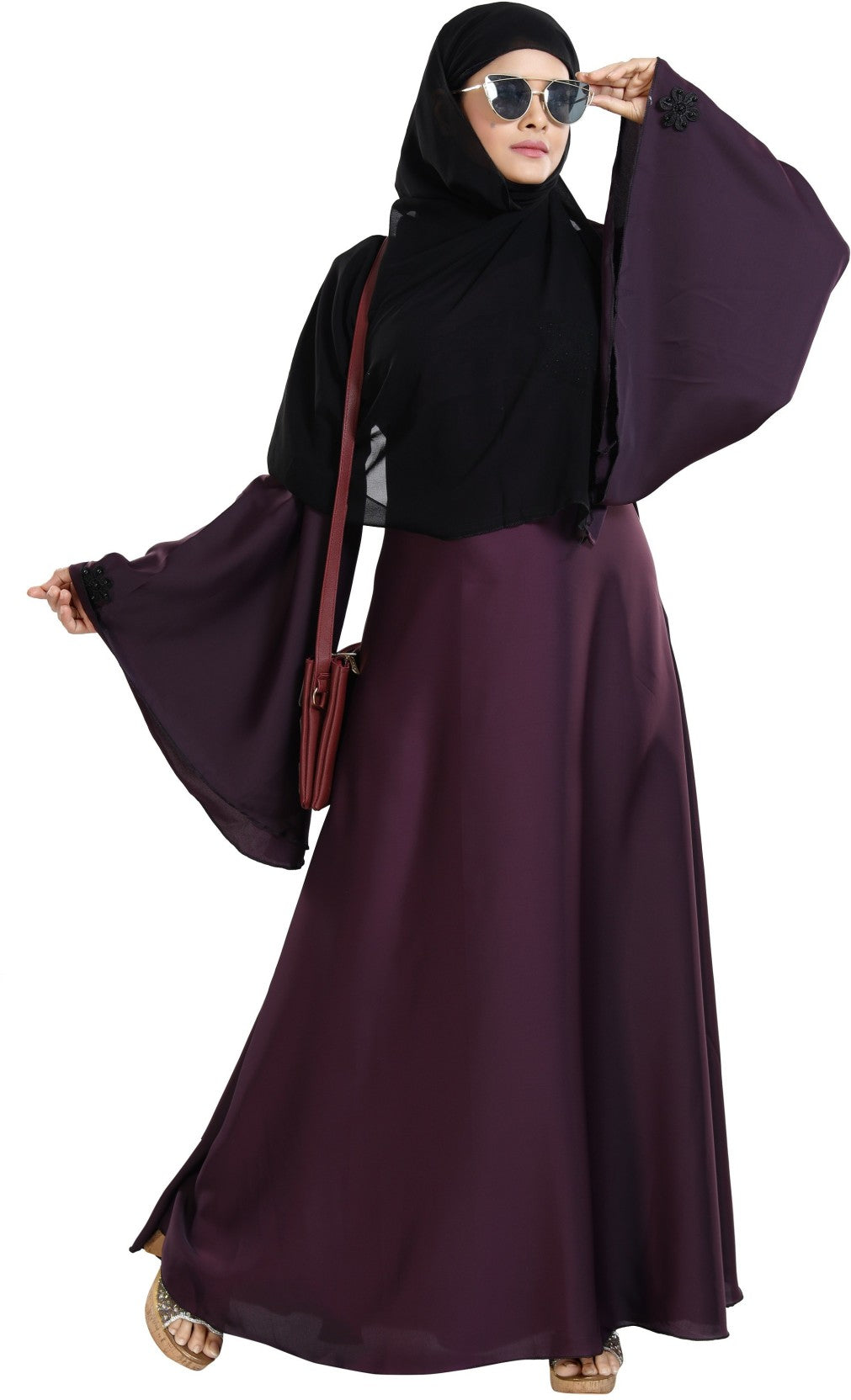 Beautiful Self Design Purple Nida Art Silk Abaya With Hijab