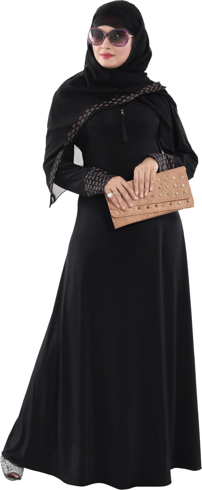 Beautiful Self Design Plain Black Braso Lycra Abaya With Hijab