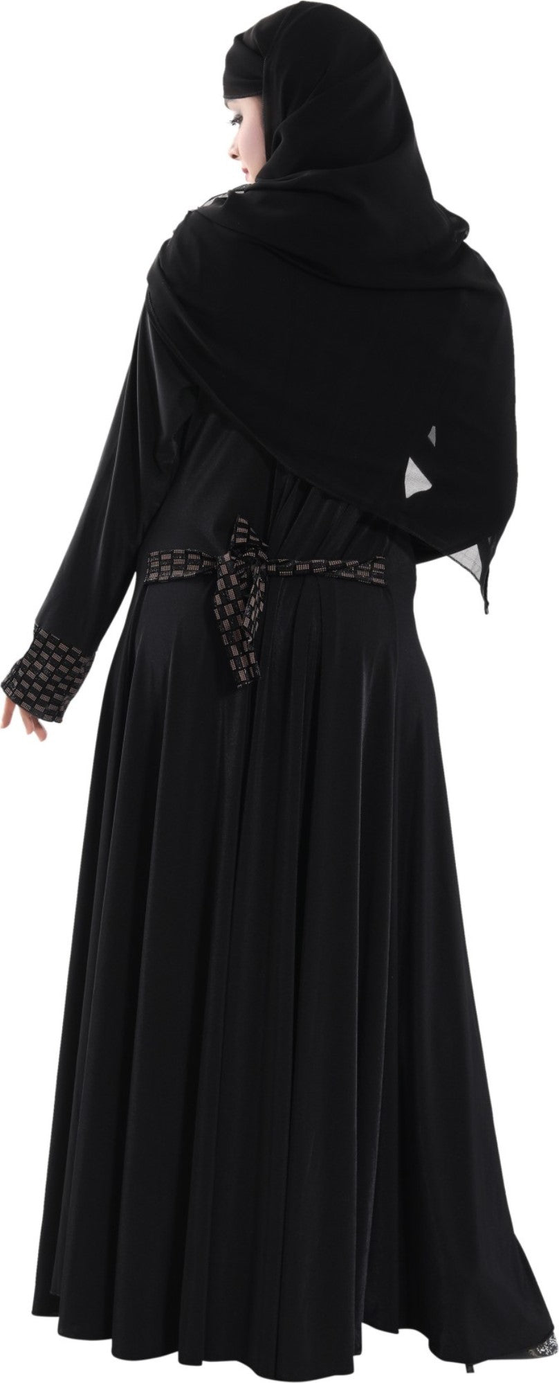 Beautiful Self Design Plain Black Braso Lycra Abaya With Hijab