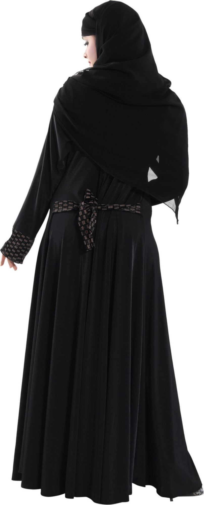 Beautiful Self Design Plain Black Braso Lycra Abaya With Hijab_0314