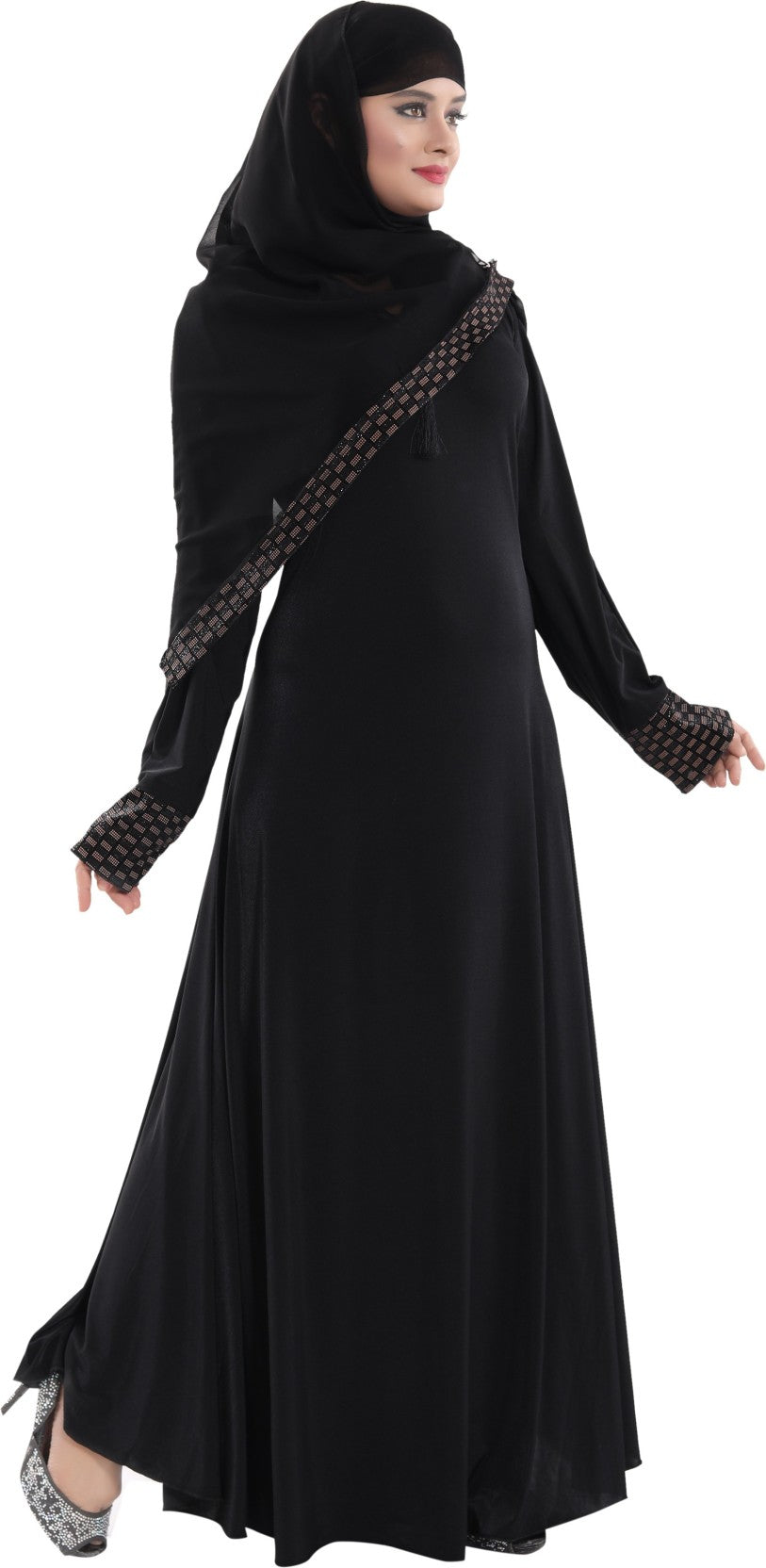 Beautiful Self Design Plain Black Braso Lycra Abaya With Hijab_0314